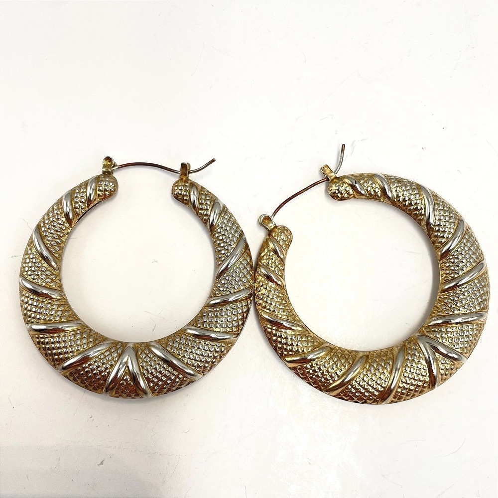Vintage 90s Two Tone Textured Hoop Earrings Large Bold Fashion Retro Jewelry Y2K
